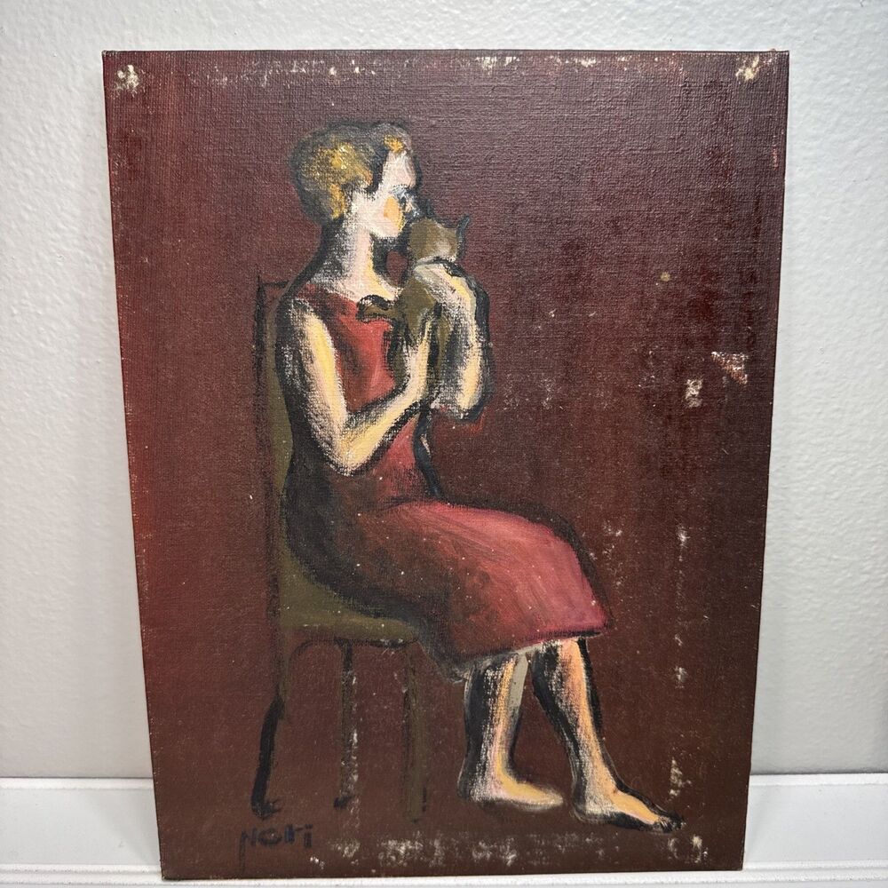 Vintage Original Acrylic Art Woman and Cat Dark Moody Colors Signed Nori. 12x9”